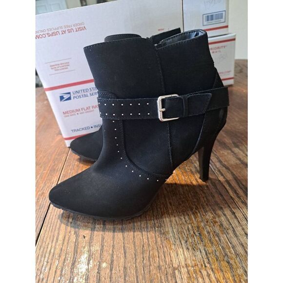 10M ...me too Black Buckle Embellished High Heel Pump Ankle Boots Booties Shoes - Picture 4 of 11